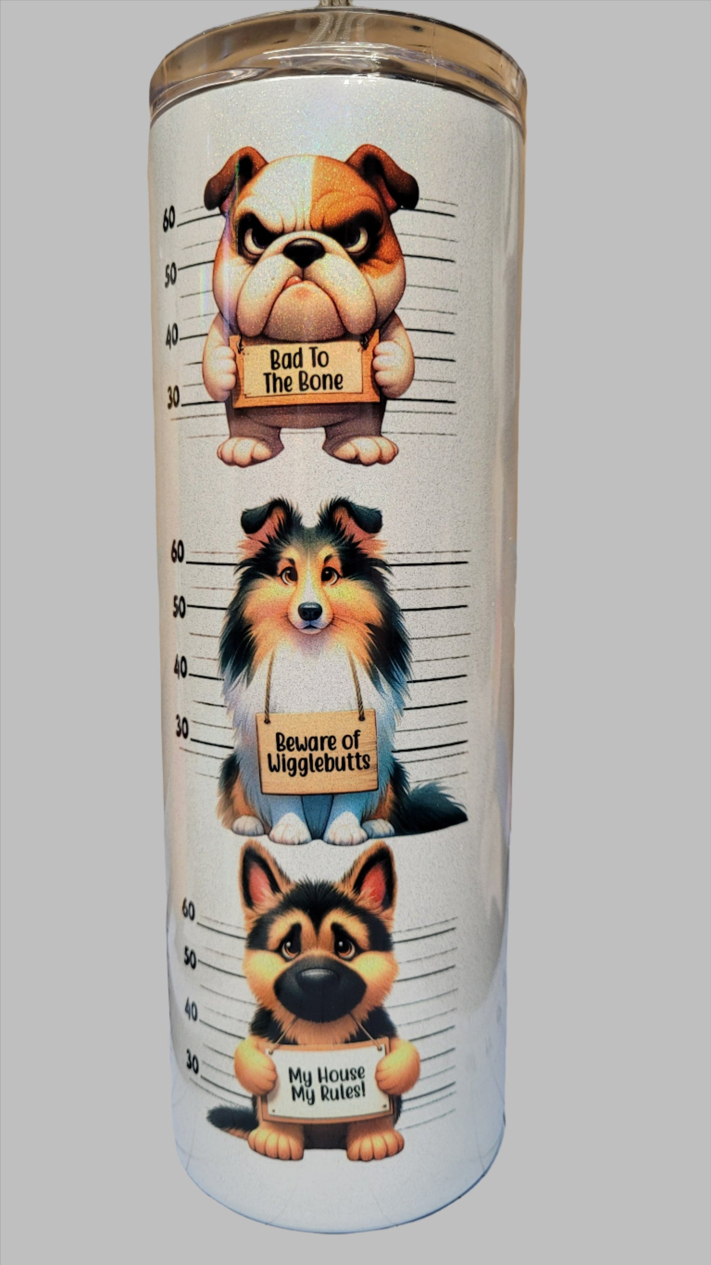 Handle Every Stressful Situation Like A Dog! This tumbler really pops on our holographic 20 oz tumbler. Enjoy your favorite hot or cold beverage on the go and show off your style as you keep your drinks at the perfect temperature.