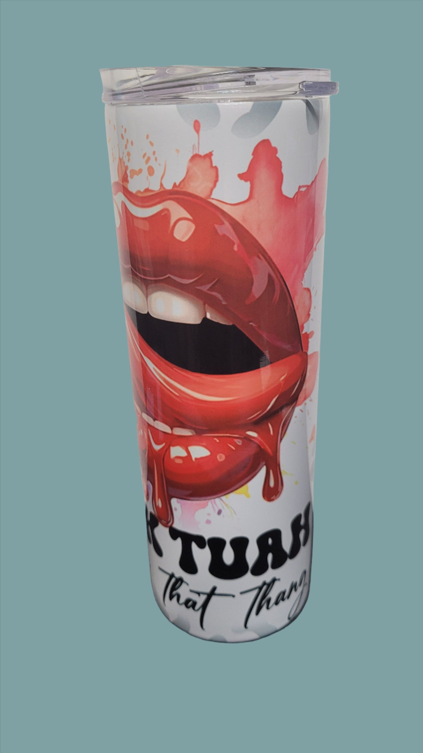 Hauk Tuah Spit On That Thang Red Lips and a lolipop. Watercolor splashes of various hues act as a back drop and pink with gray leopard spots round it out. This 20 oz tumbler from Makerflo is made of a stainless steel double-wall construction and is vacuum insulated, with a clear sliding classic lid and a clear straw, and is BPA free. It is capable of retaining cold temperatures for 24+ hours or warm temperatures for up to 8 hours.