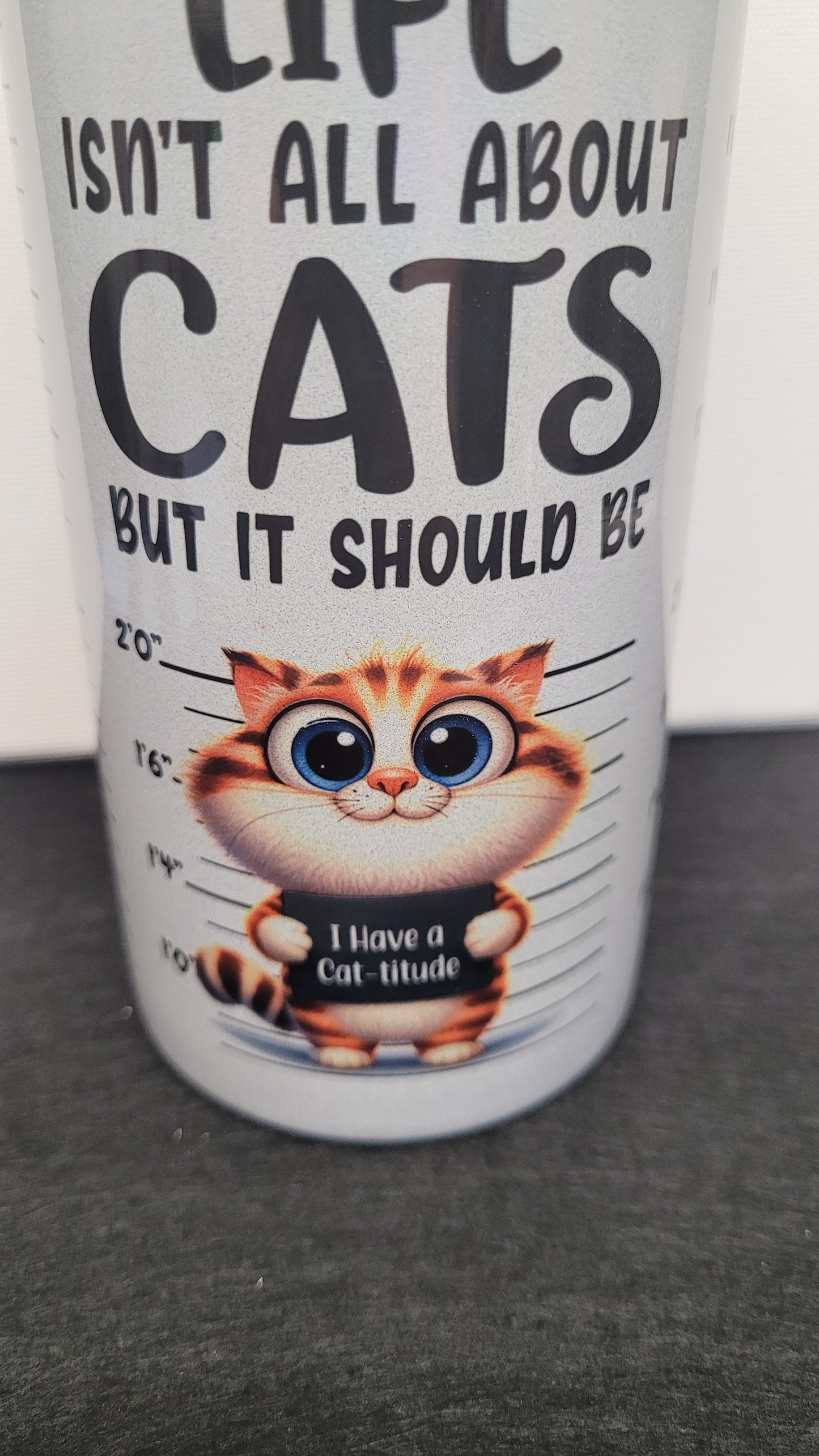 Life isn't all about cats.... but it should be. Ask any cat....it will tell you!. This comical and cute cat theme shows mug shots of various cats holding funny signs and really pops on our holographic 20 oz tumbler. Enjoy your favorite hot or cold beverage on the go and show off your style as you keep your drinks at the perfect temperature.