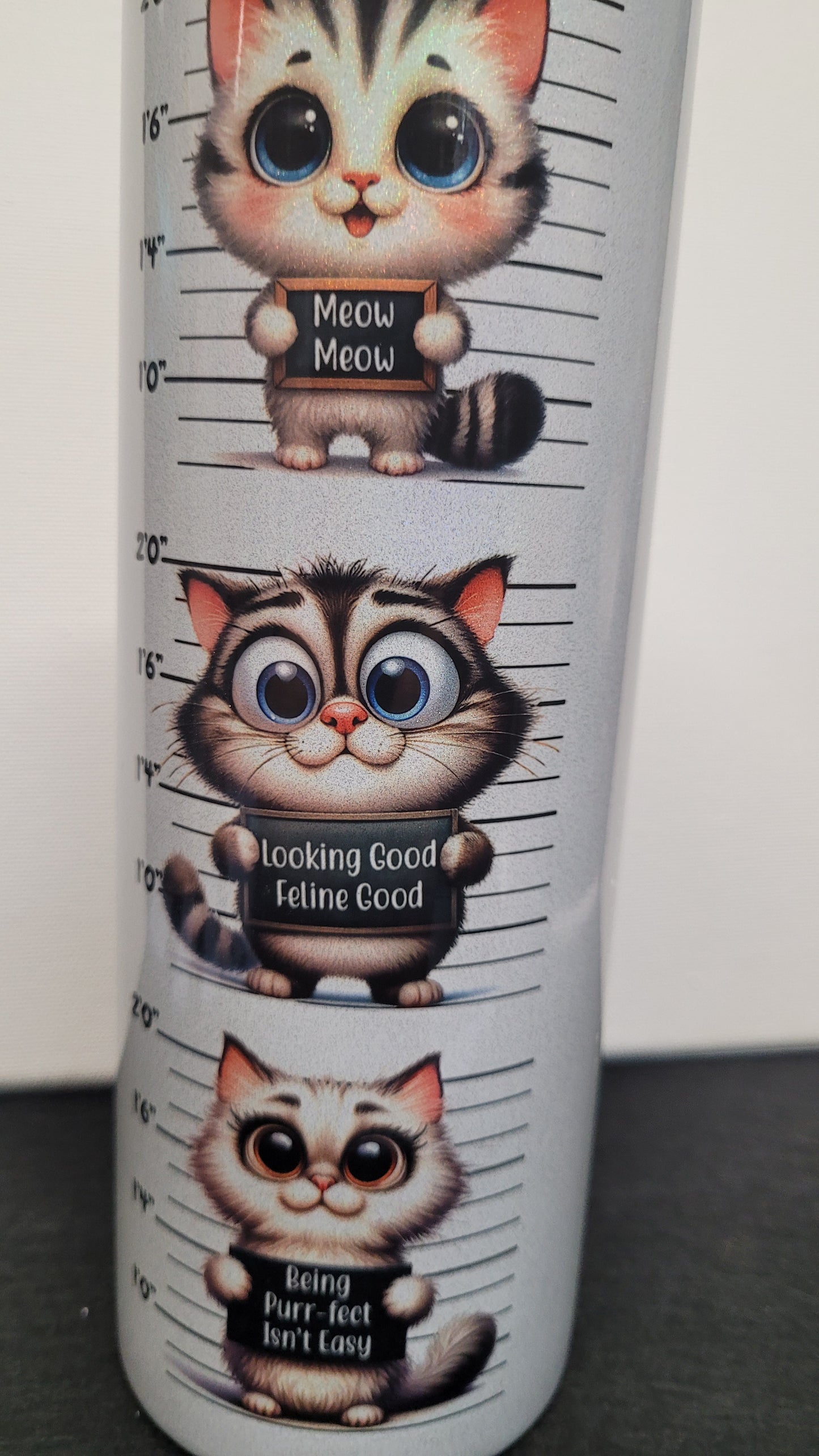 Life isn't all about cats.... but it should be. Ask any cat....it will tell you!. This comical and cute cat theme shows mug shots of various cats holding funny signs and really pops on our holographic 20 oz tumbler. Enjoy your favorite hot or cold beverage on the go and show off your style as you keep your drinks at the perfect temperature.