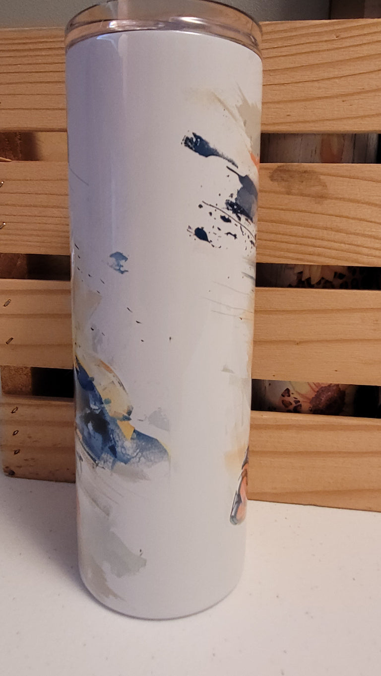 Deadpool & Wolverine...together finally! Here is a watercolor image of the pair. This 20 oz tumbler from Makerflo is made of a stainless steel double-wall construction and is vacuum insulated, with a clear sliding classic lid and a clear straw, and is BPA free. It is capable of retaining cold temperatures for 24+ hours or warm temperatures for up to 8 hours.