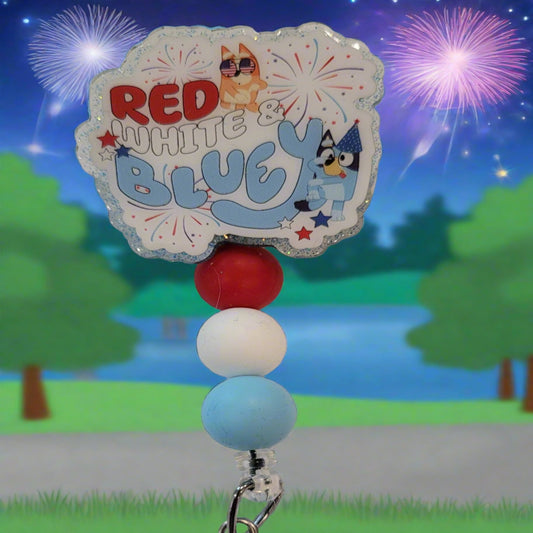 Experience the best 4th of July vibe with this Red White & Bluey Badge reel. Adding a touch of patriotism, this badge reel flaunts red, white, and blue silicone accent beads, perfect for watching the fireworks on our Nations Birthday..
