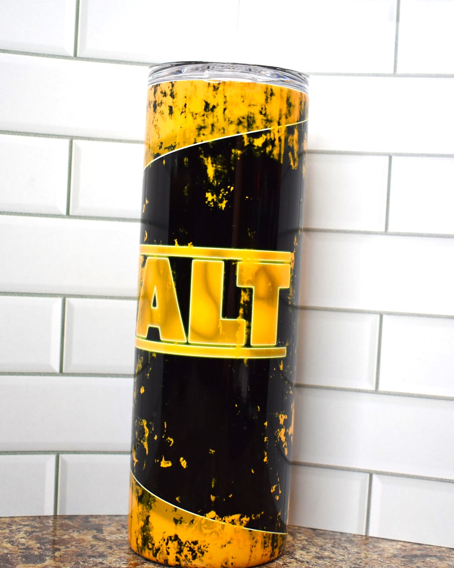 New to our line is our distressed finish look. Here we have a Dewalt Tool image in the classic black & yellow fully depicting this new look. Great for the mechanic or any handyman.