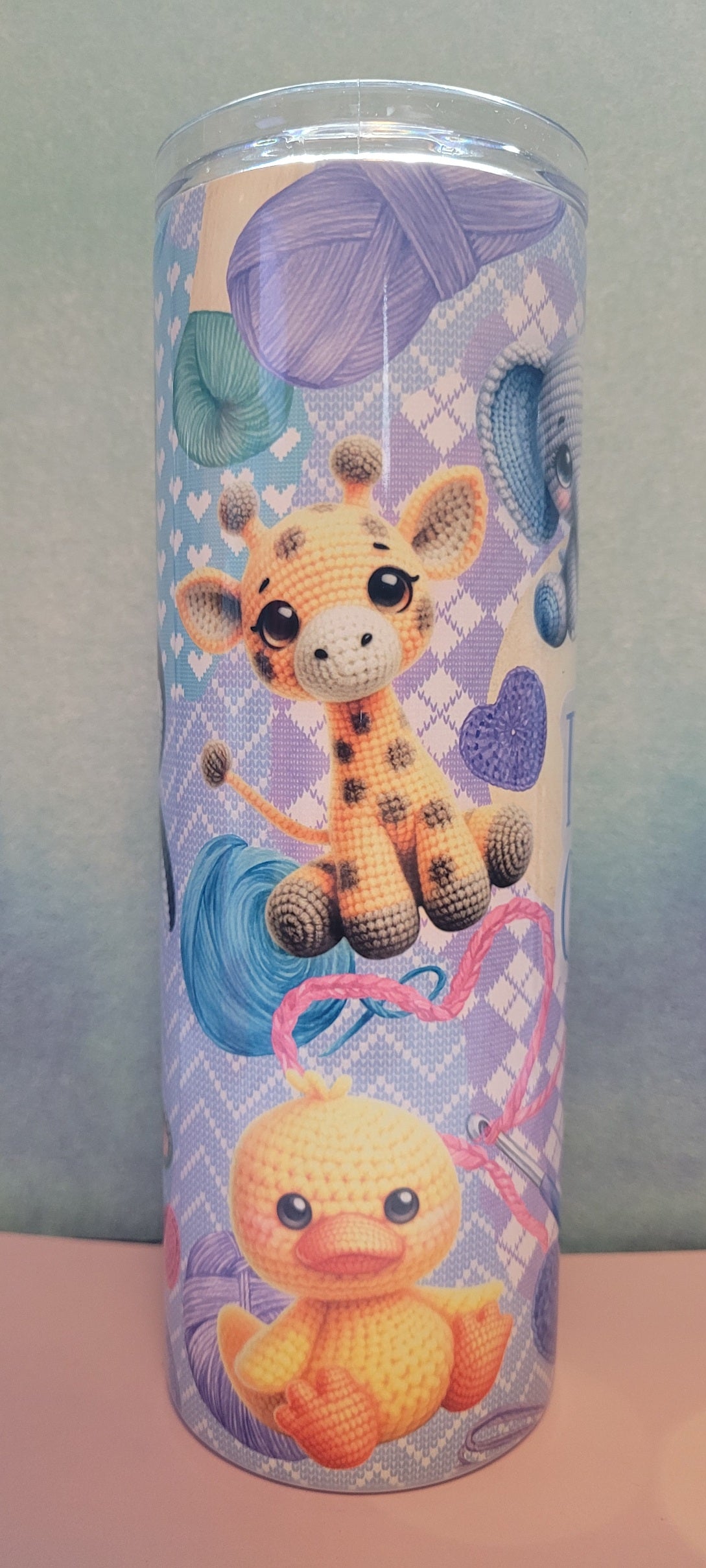 For the crafty people that crotchet. I'd Rather Be Crocheting tumbler. Skeins of yarn and crotched patterns are the background with some adorable crocheted animals filling in the rest of the image.