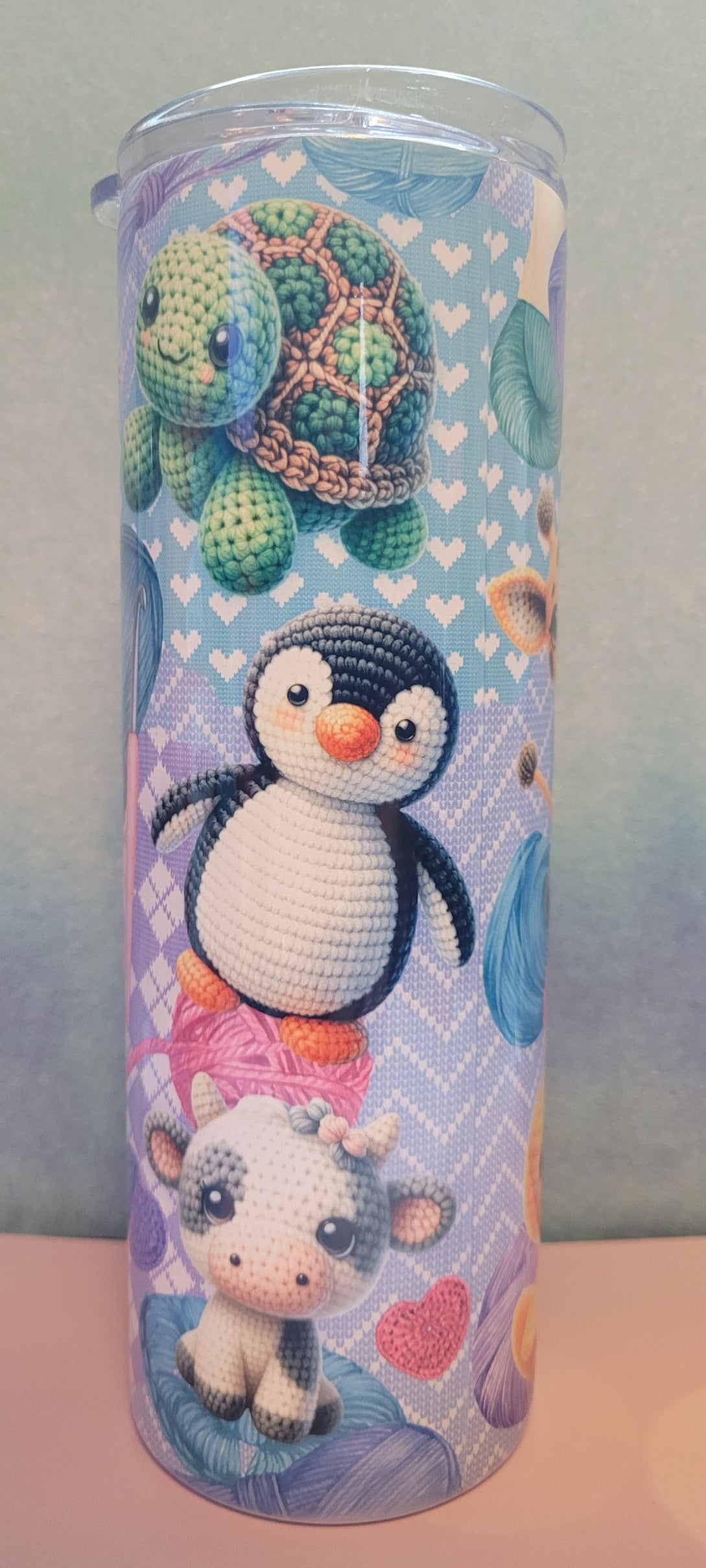 For the crafty people that crotchet. I'd Rather Be Crocheting tumbler. Skeins of yarn and crotched patterns are the background with some adorable crocheted animals filling in the rest of the image.