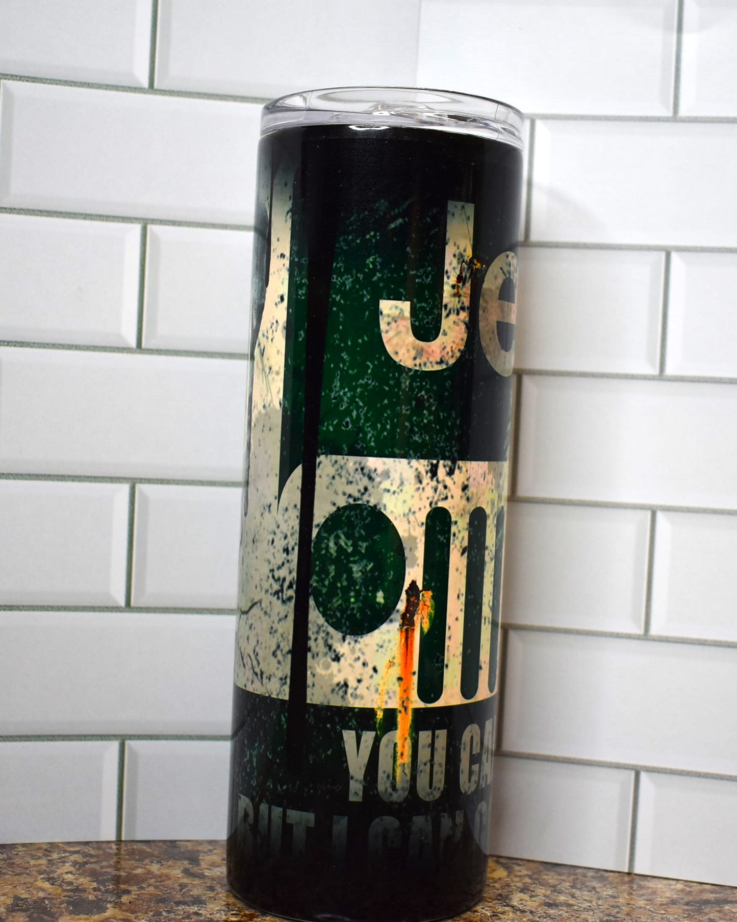 New to our line is our distressed finish look. You might go fast but this JEEP tumbler can go everywhere. JEEP name and the classic grill image here and a great one for the mechanic or any JEEP enthusiast.