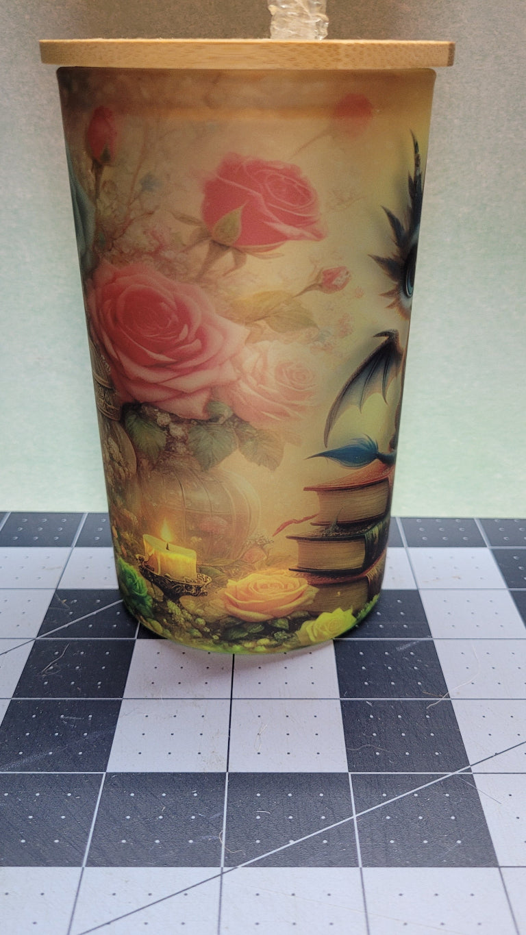 Tumbler 18 oz Sublimated Glass Tumbler with bamboo lid Baby Book Dragon