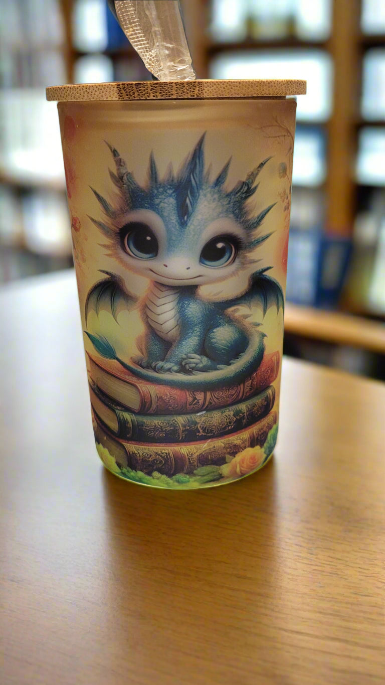 Tumbler 18 oz Sublimated Glass Tumbler with bamboo lid Baby Book Dragon