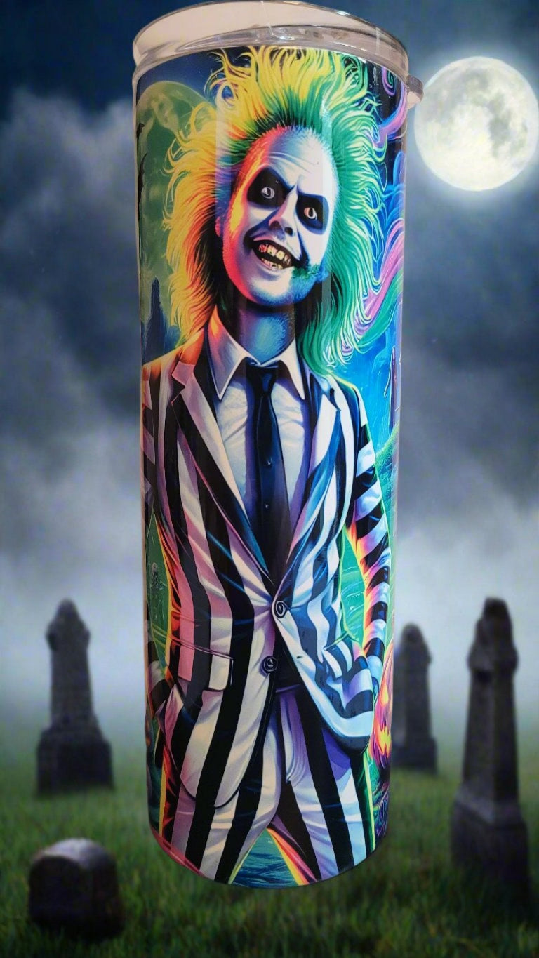 Who did it? Who said his name 3 times? Beetlejuice is back and his new motto is Never Trust The Living. This Makerflo 20 oz is made of a stainless steel double-wall and is vacuum insulated, with a clear sliding classic lid and a clear straw, and is BPA free. It is capable of retaining cold temperatures for 24+ hours or warm temperatures for up to 8 hours.