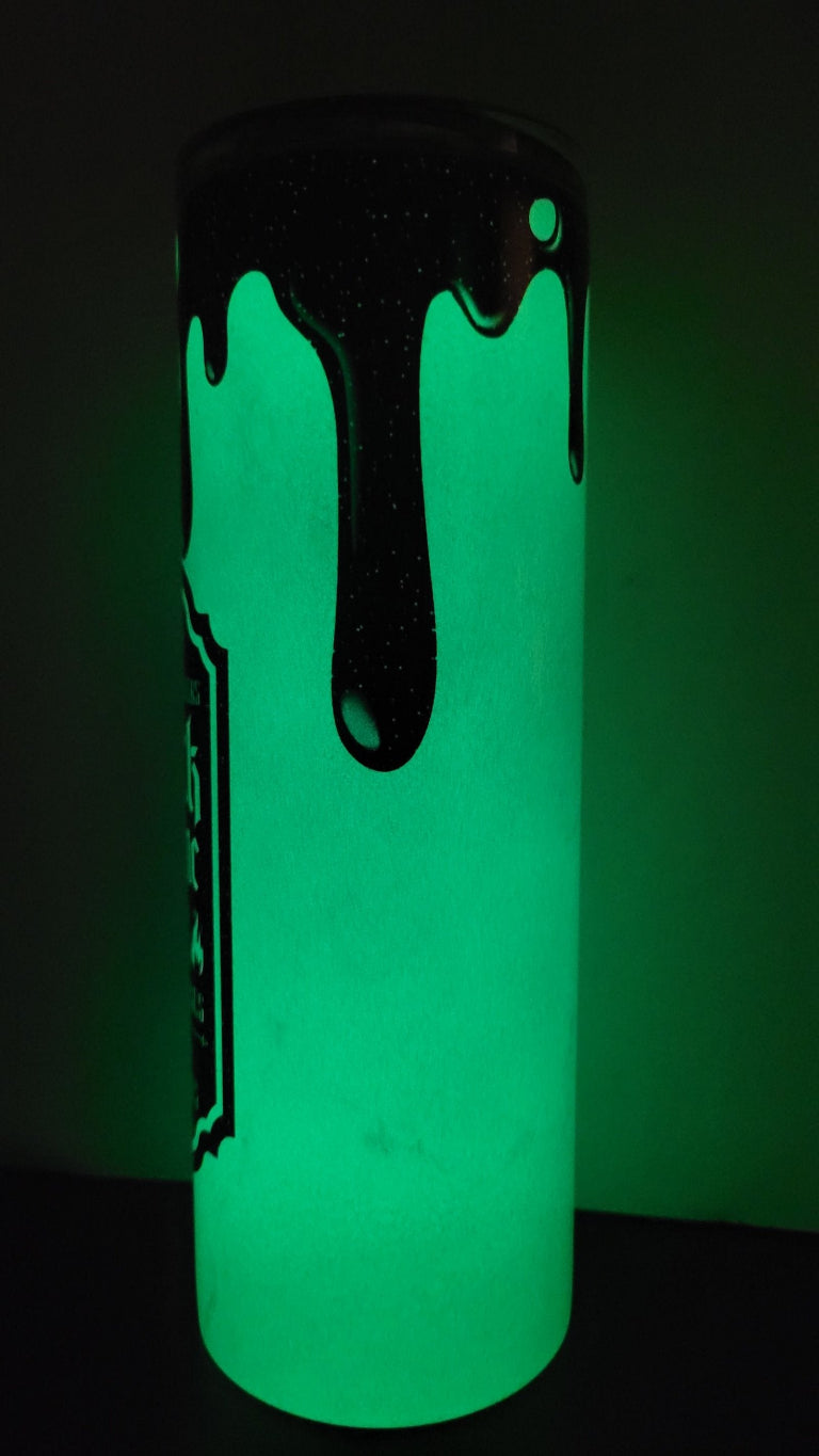 The Black Flame Company established in 1693 and specializing in Candles & Curses. Say What! Features an all black image with the classic drip look. Made with Genuine Hocus Pocus, this tumbler is a sure Halloween favorite. We kicked this one up a notch and put it on our Green Glow in the Dark!