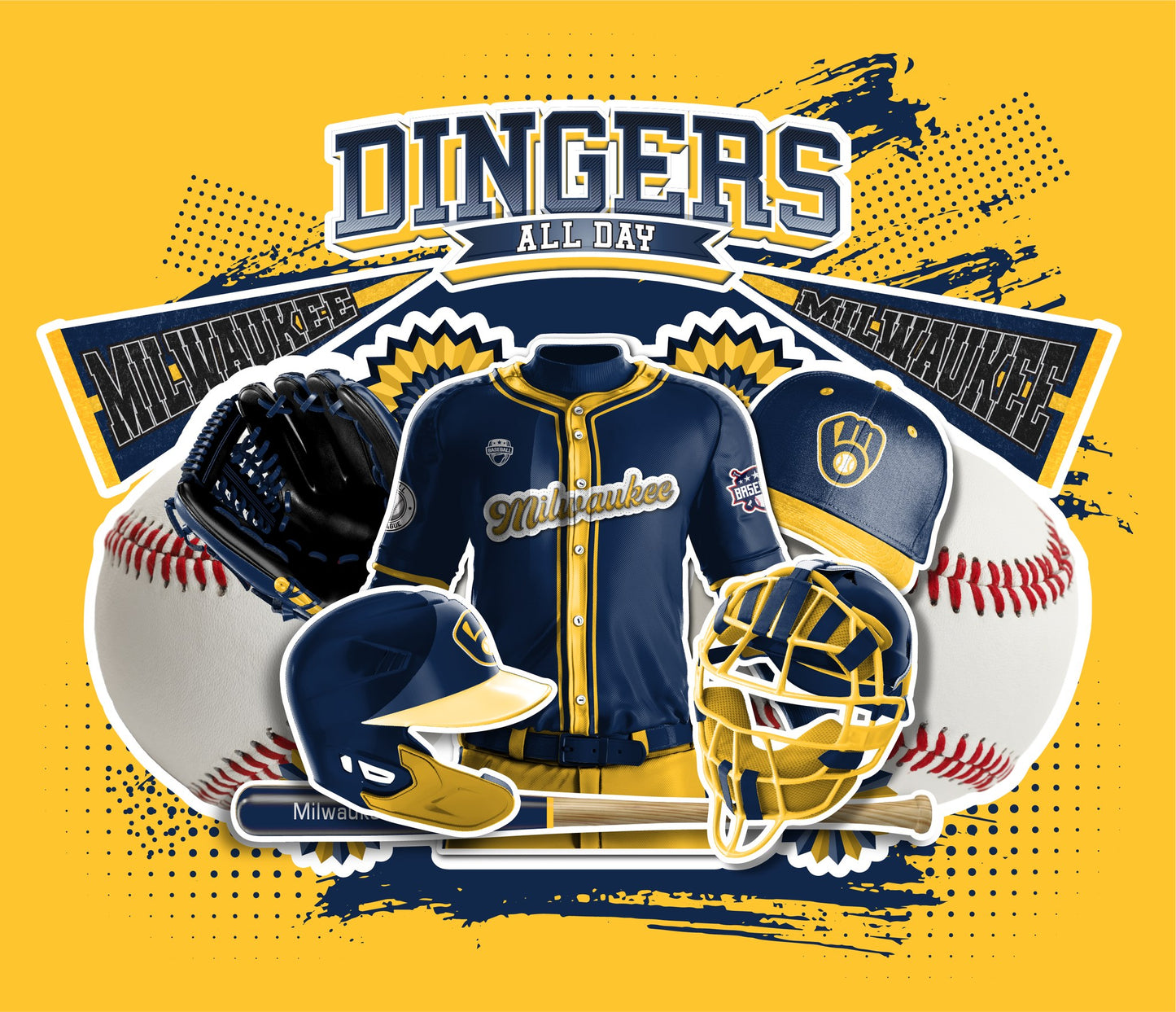 Baseball... America's Past Time. We present our new Sports Series to you with this Dingers All Day Brewers tumbler. Brewers colors with various images of your favorite team.