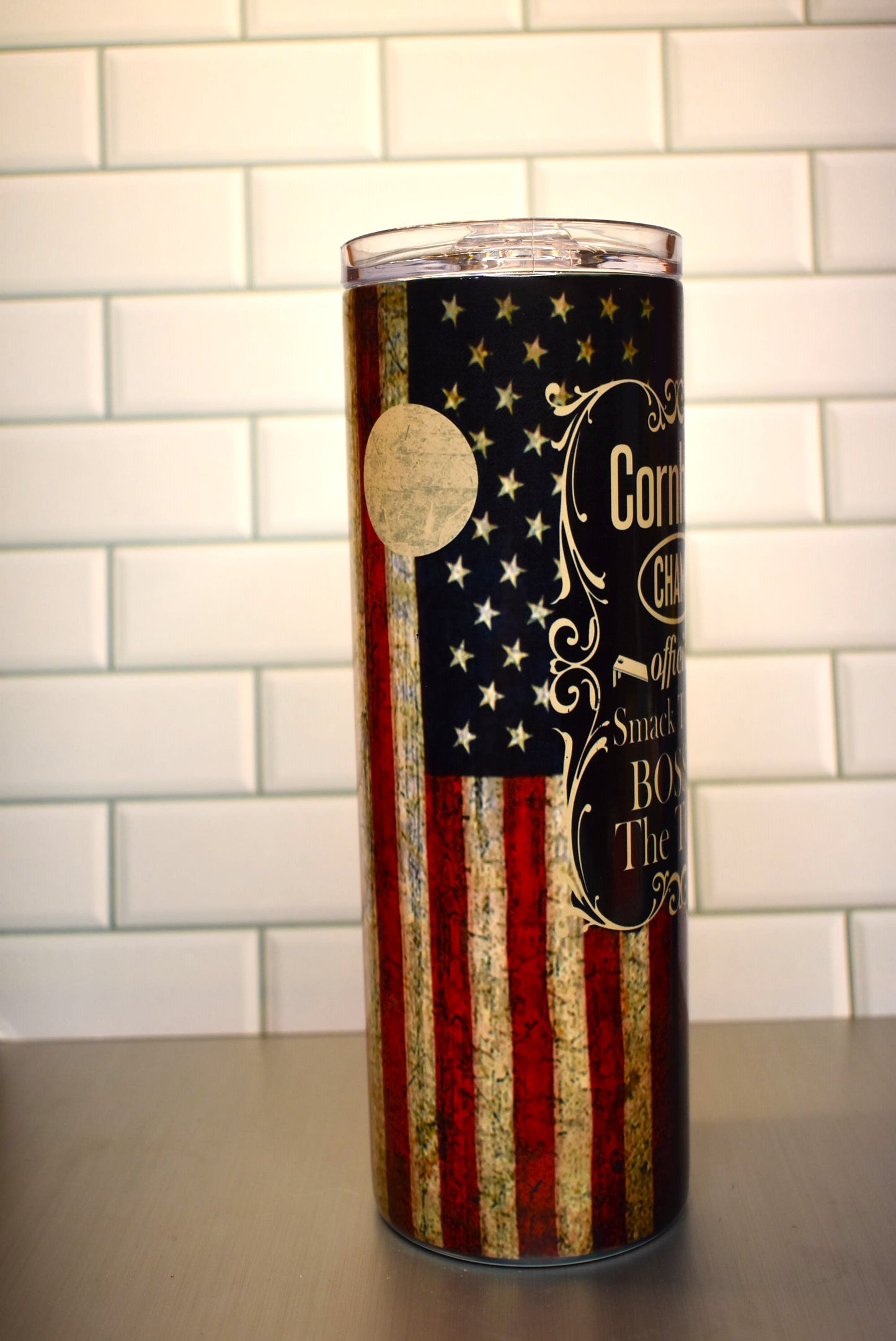The 20 oz Makerflo Stainless Steel tumbler Cornhole Champ ensures you can bring your a-game with you. Boss of The Toss....can you say Air Mail!