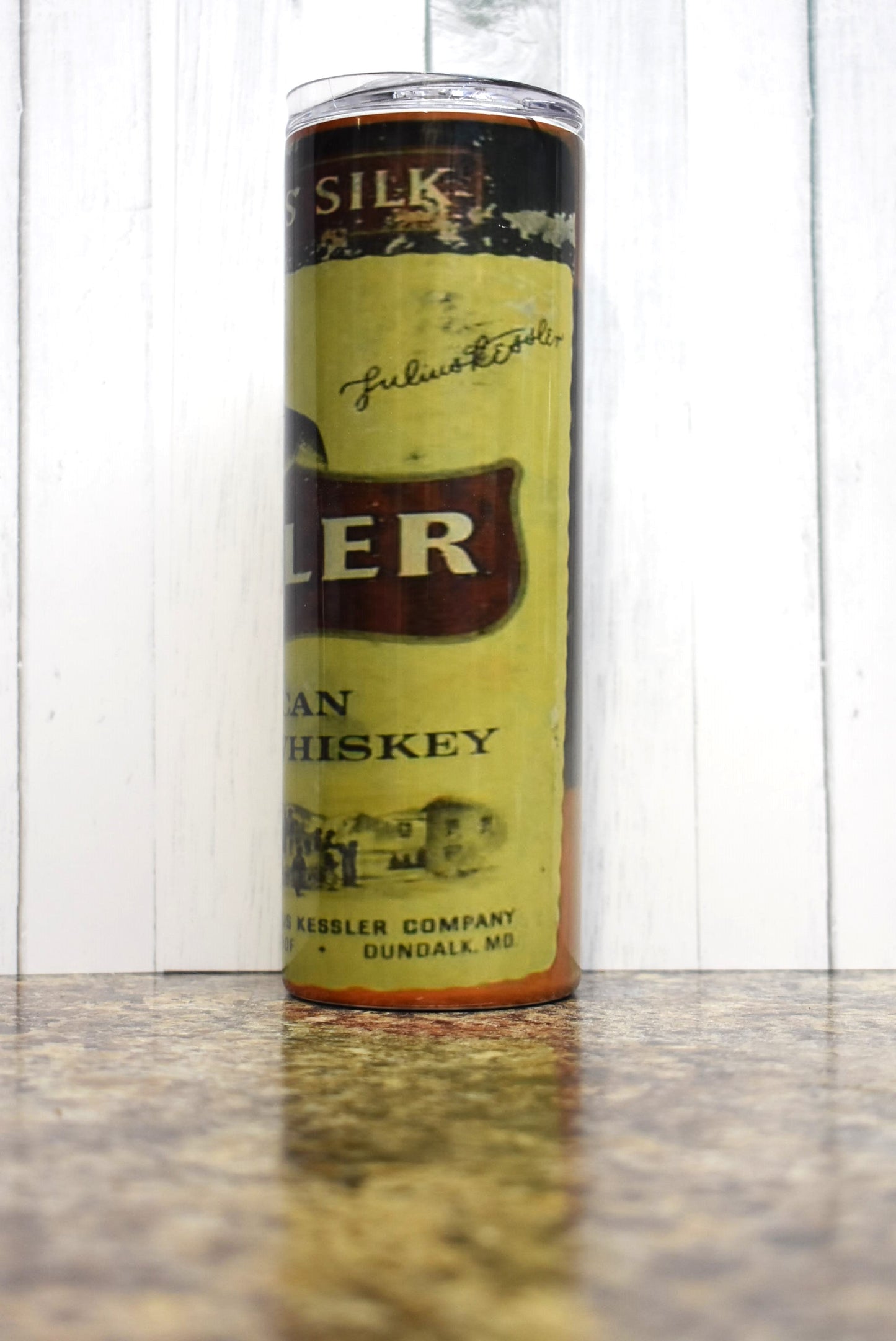 Here is another classic whiskey tumbler with the Kessler image. Called the working man's whiskey, fill this tumbler with ice, some Kesslers and some sour mix and enjoy!
