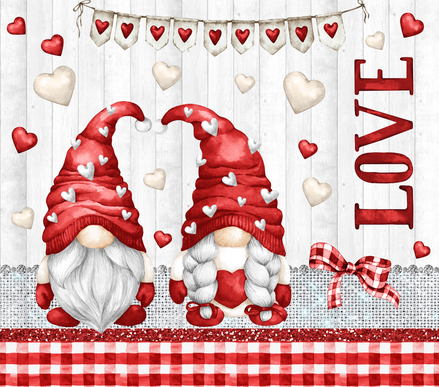 This 20 oz Makerflo Stainless Steel tumbler features a Gnome Love Couple design This love couple features red & white hearts floating all around with a heart banner circling the tumblers top.
