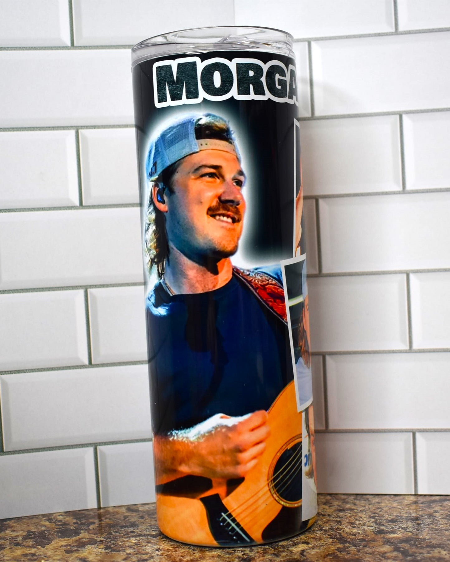 Morgan Wallen makes his appearance here on this Makerflo 20 oz tumbler. Various images from on and off the stage.