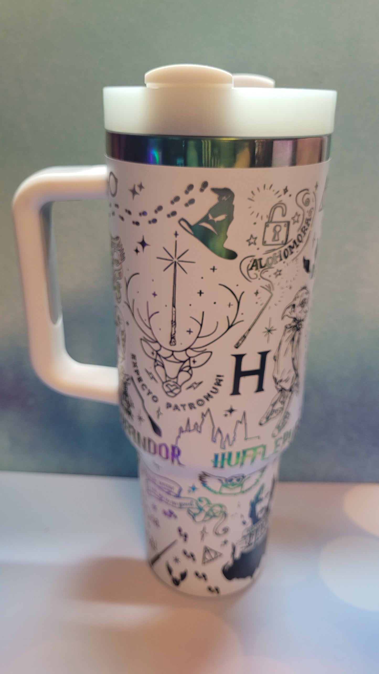 Mug with artistic design on a blurred background