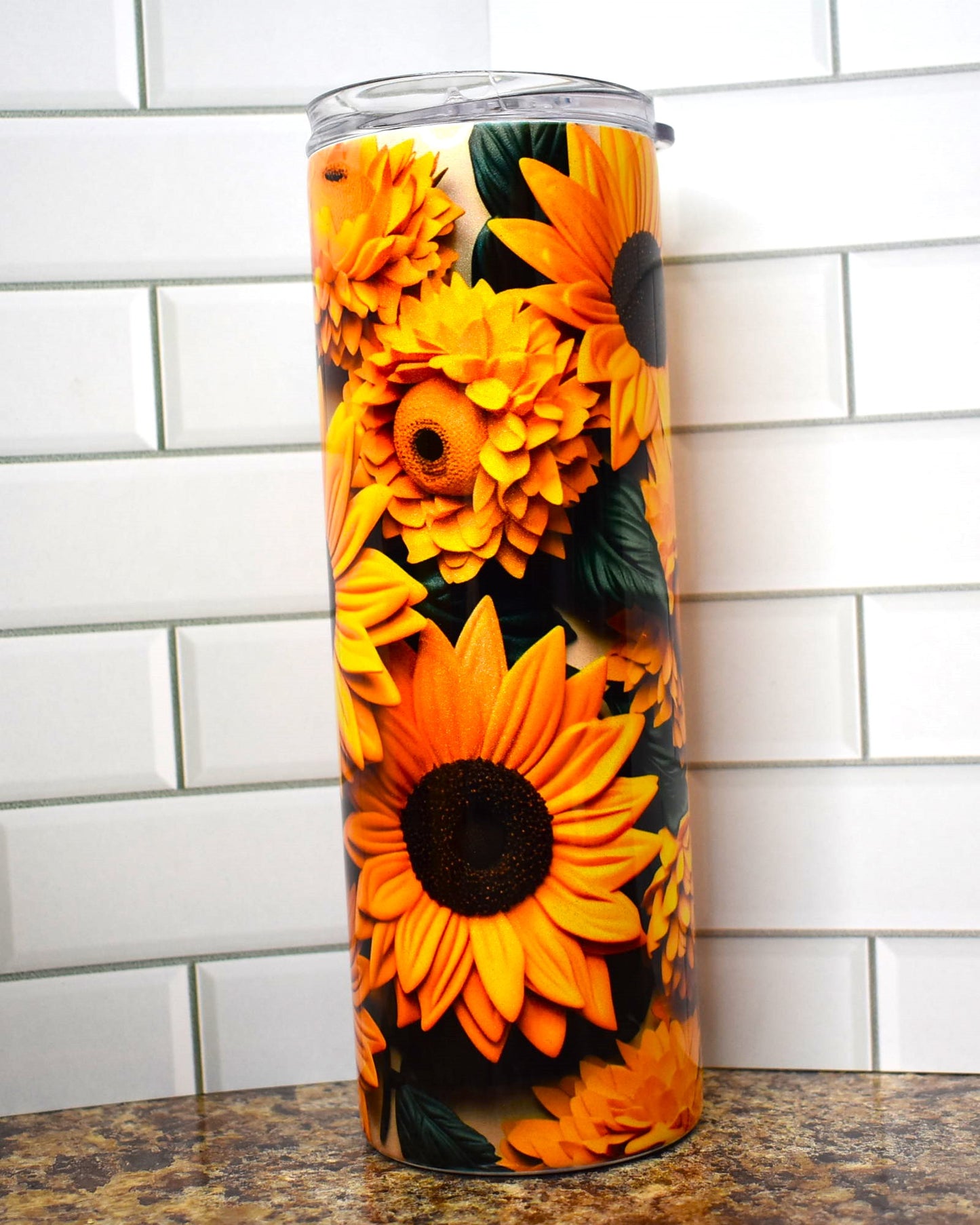 This tumbler is solid sunflowers that completely cover this tumbler in 3D.