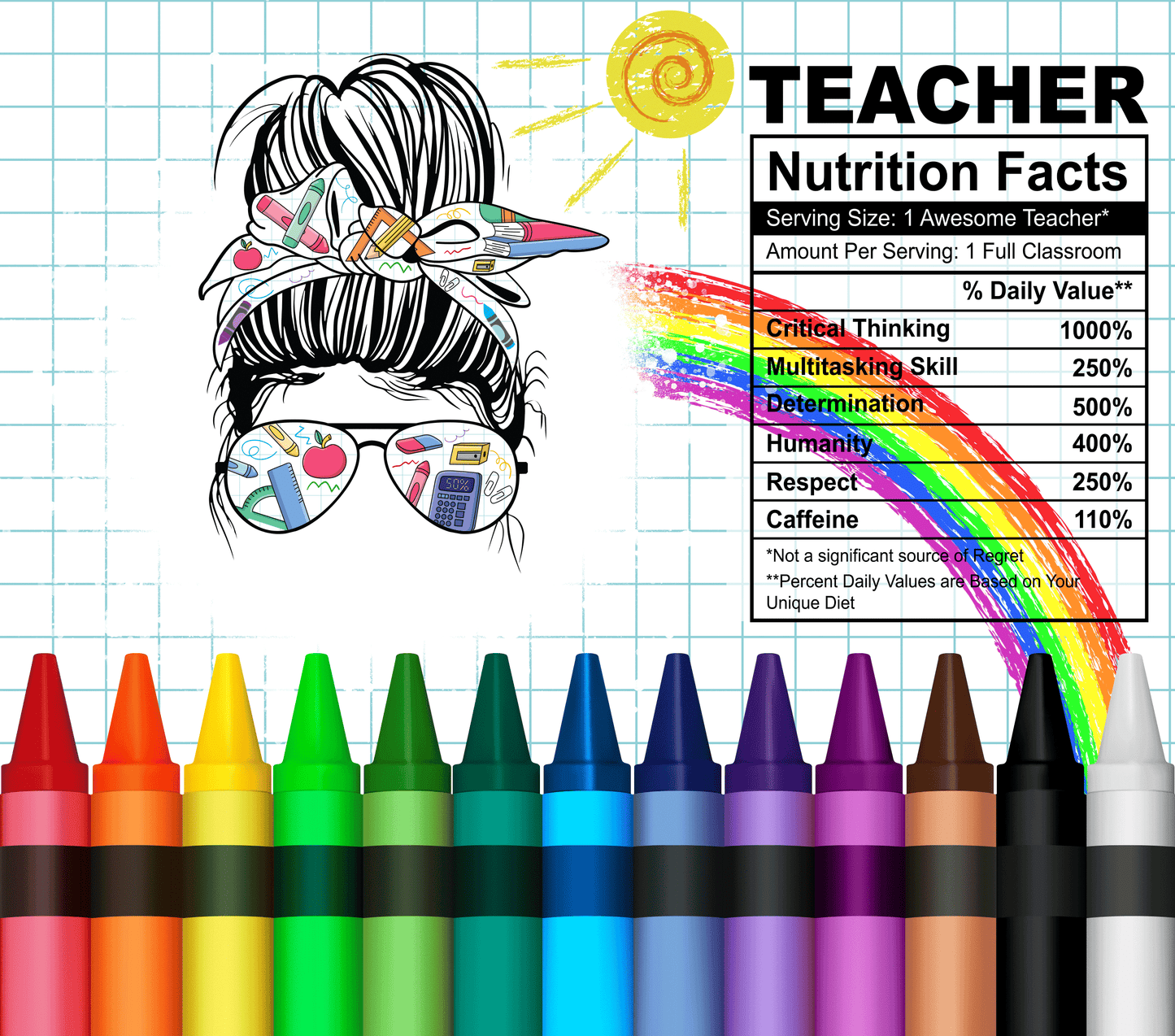20 oz Stainless Steel Tumbler With That Iconic Gal Wearing Sunglasses With Crayons Along The Bottom Edge And A Fun Nutritional Chart On Being A Teacher. Stainless Steel Double-Wall Vacuum Insulated Clear Sliding Classic Lid Clear Straw BPA FREE Stays Cold 24+ hours & Warm 8 hours