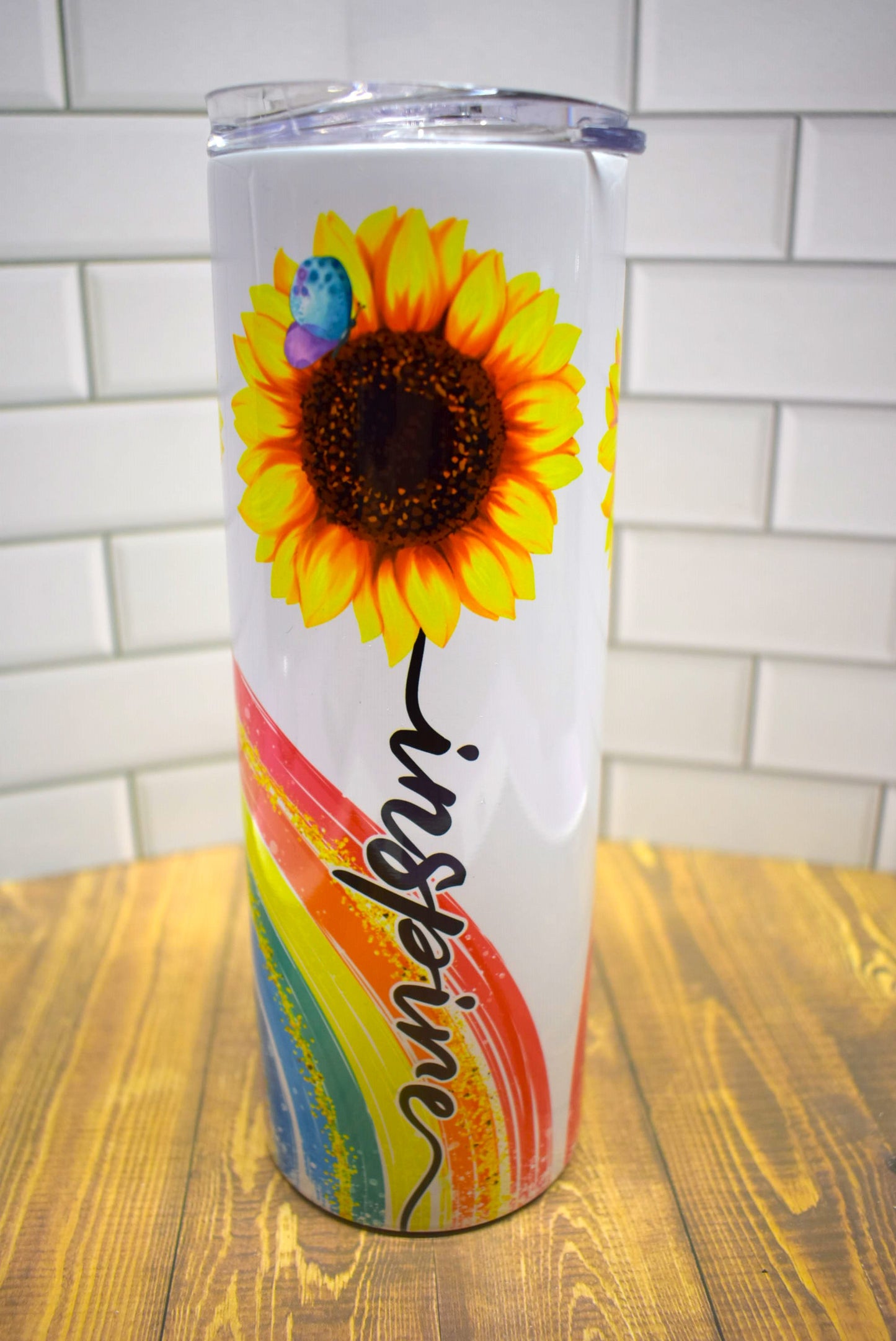 20 oz Stainless Steel Tumbler With Sunflowers And The Words Teach Love Inspire Stainless Steel Double-Wall Vacuum Insulated Clear Sliding Classic Lid Clear Straw BPA FREE Stays Cold 24+ hours & Warm 8 hours