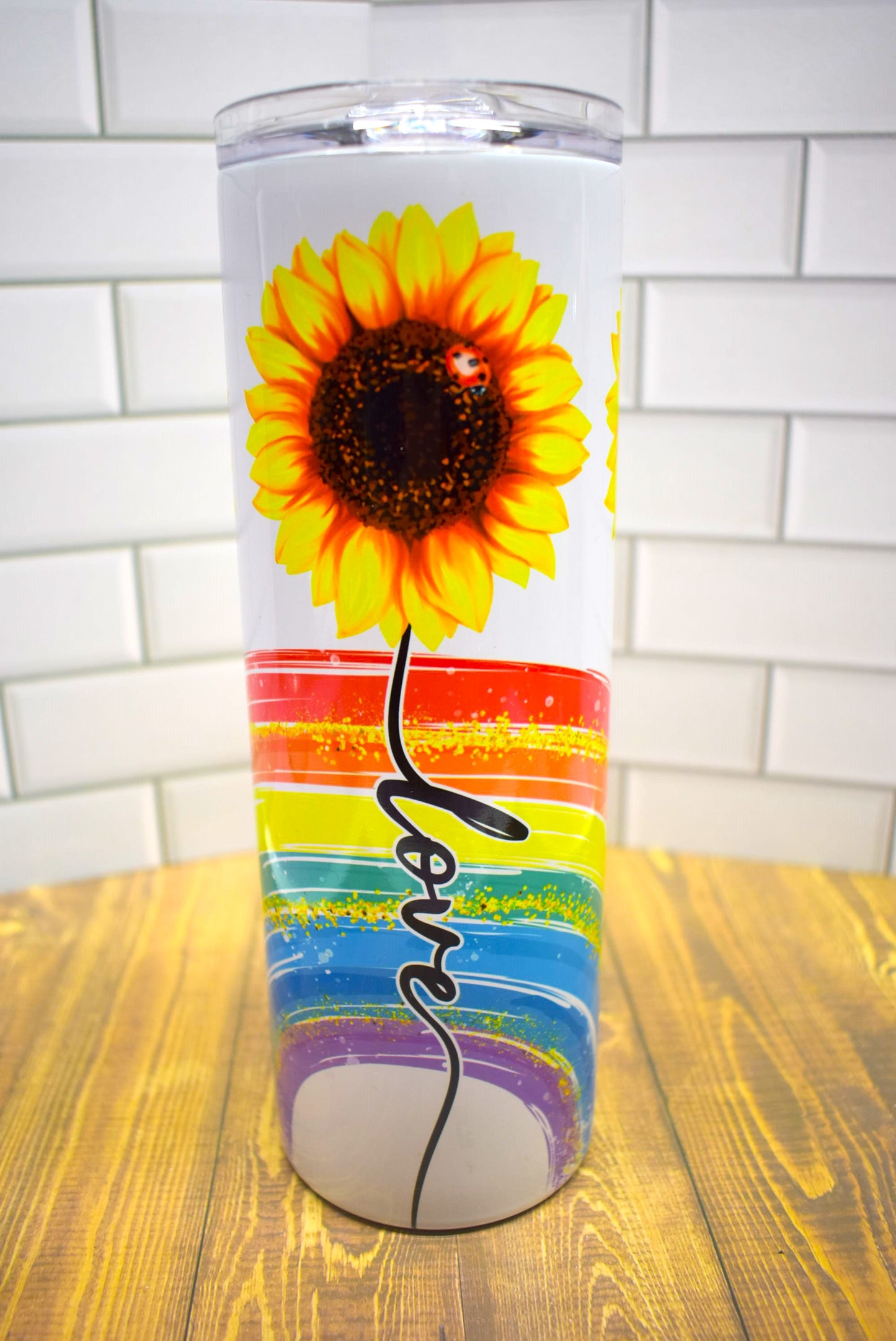 20 oz Stainless Steel Tumbler With Sunflowers And The Words Teach Love Inspire Stainless Steel Double-Wall Vacuum Insulated Clear Sliding Classic Lid Clear Straw BPA FREE Stays Cold 24+ hours & Warm 8 hours