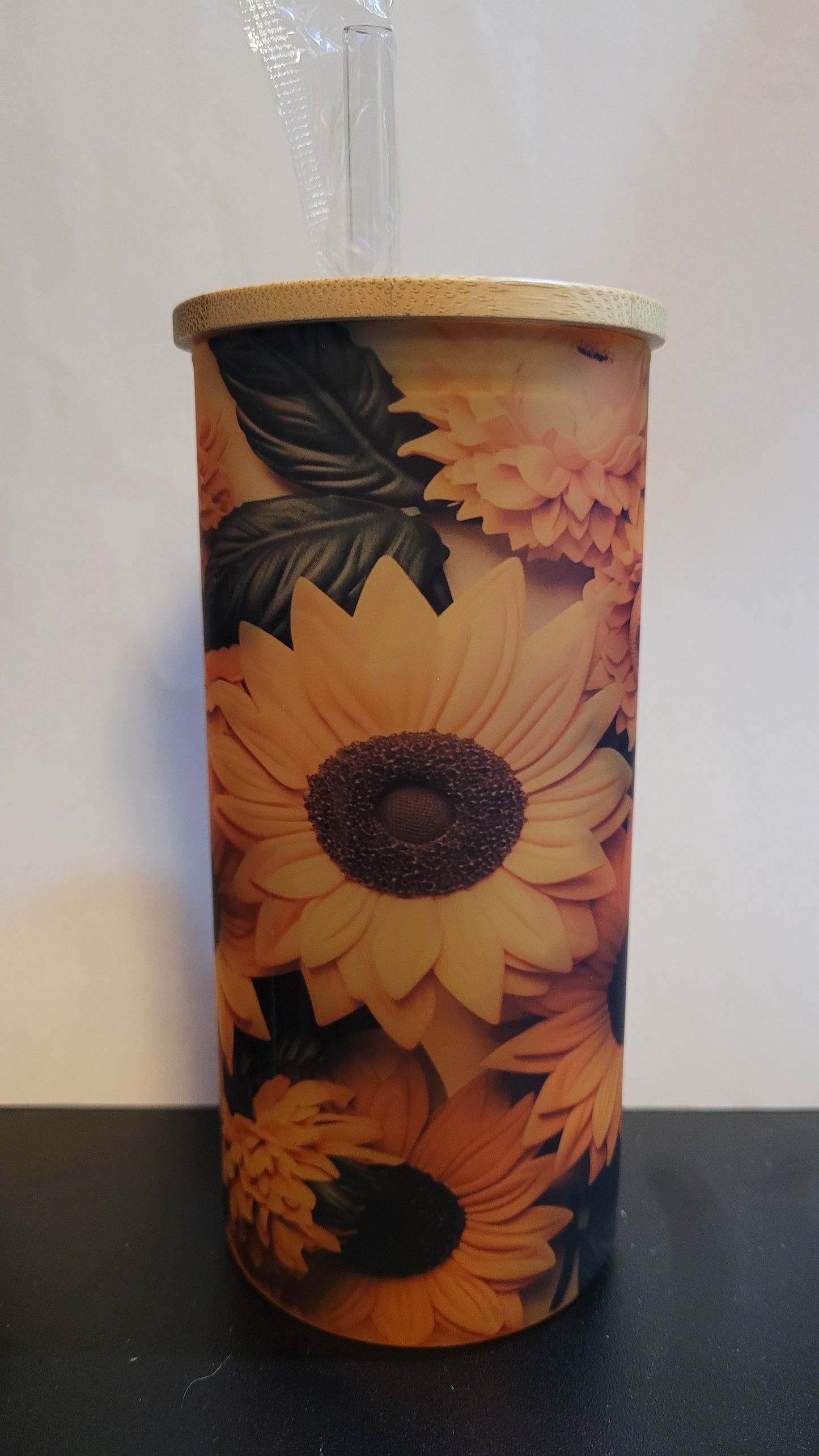 Tumbler 18 oz Sublimated Sunflowers Glass Tumbler with bamboo lid