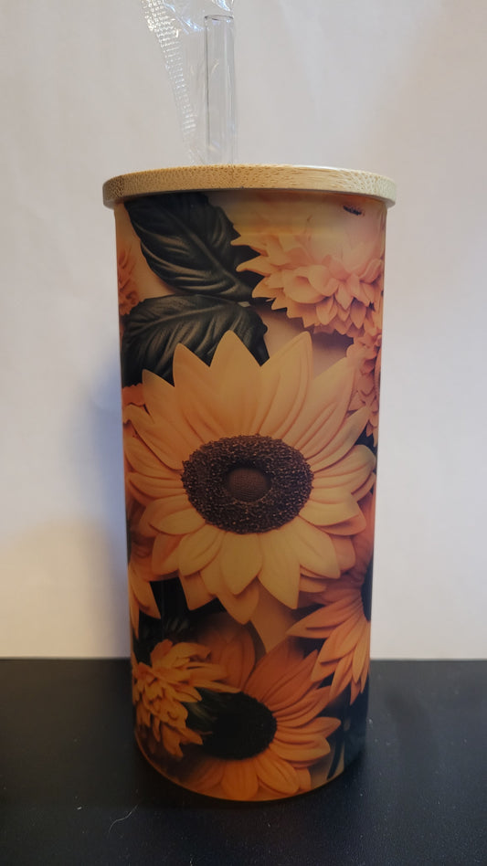 Tumbler 18 oz Sublimated Sunflowers Glass Tumbler with bamboo lid
