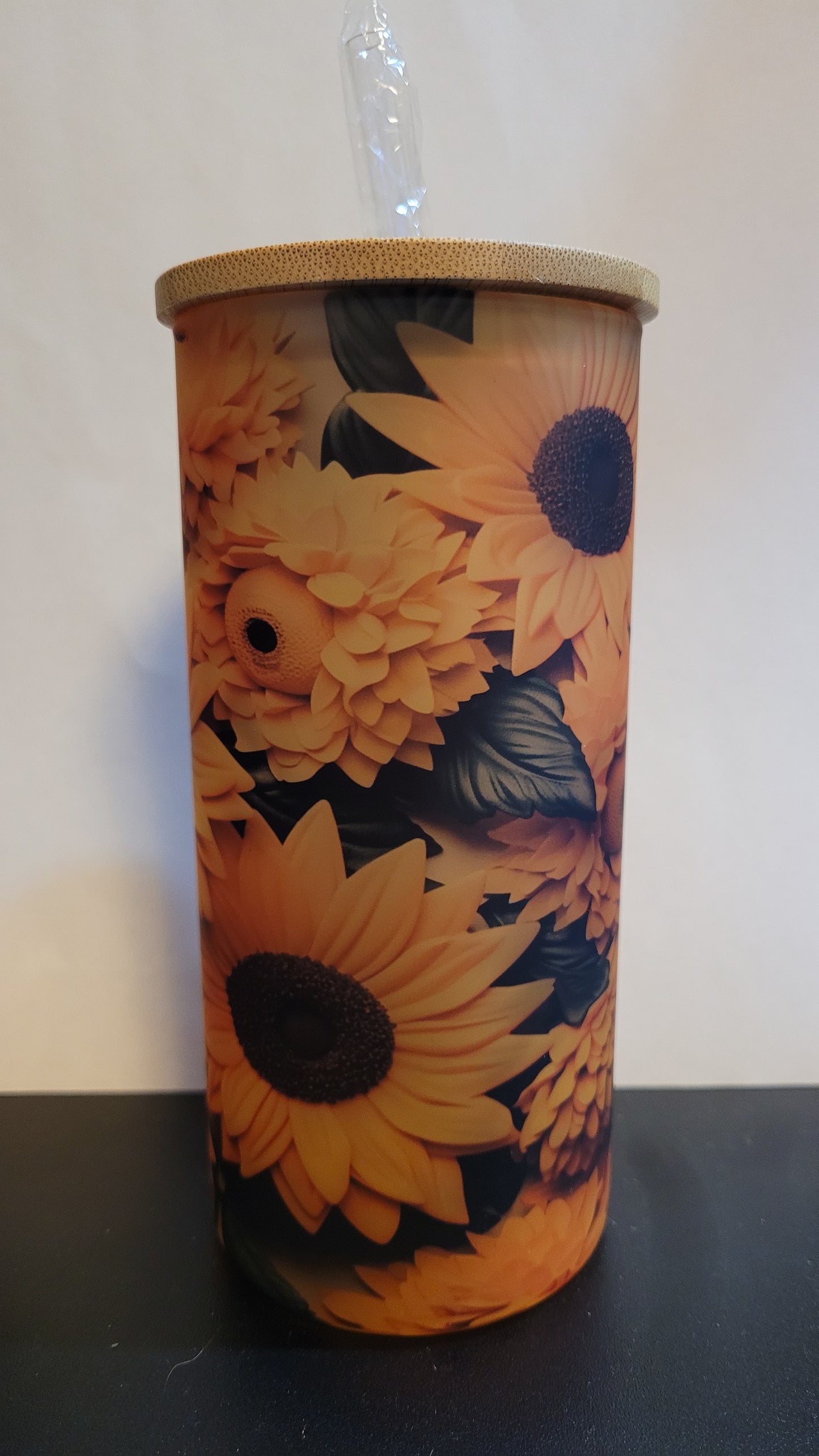 Tumbler 18 oz Sublimated Sunflowers Glass Tumbler with bamboo lid