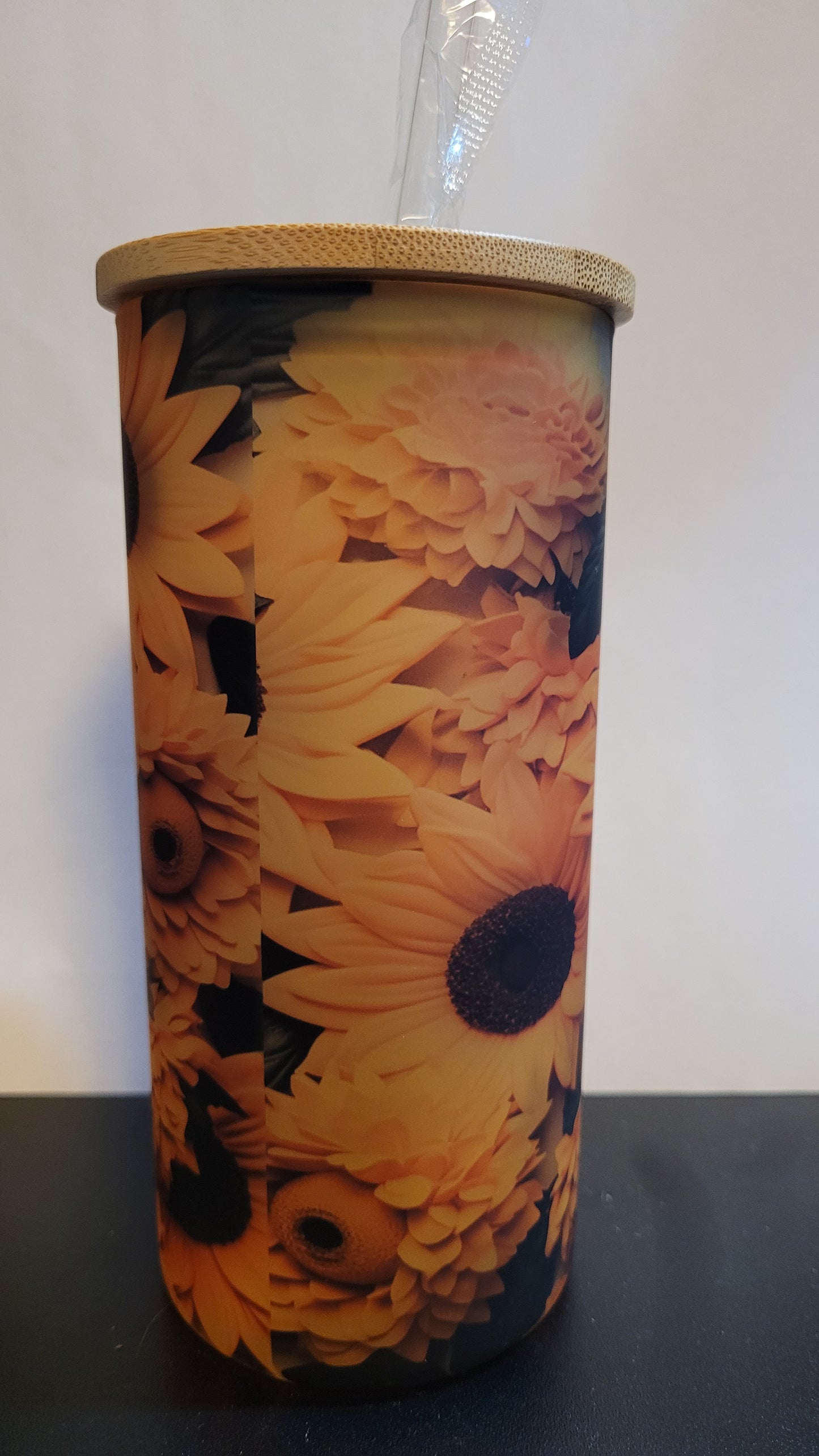 Tumbler 18 oz Sublimated Sunflowers Glass Tumbler with bamboo lid