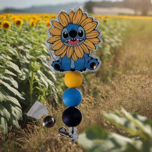 Sunflower-shaped badge holder with a character design on a beige background