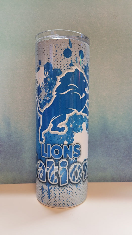 Tumbler with Detroit Lions logo and 'Lions Nation' text on a gradient background