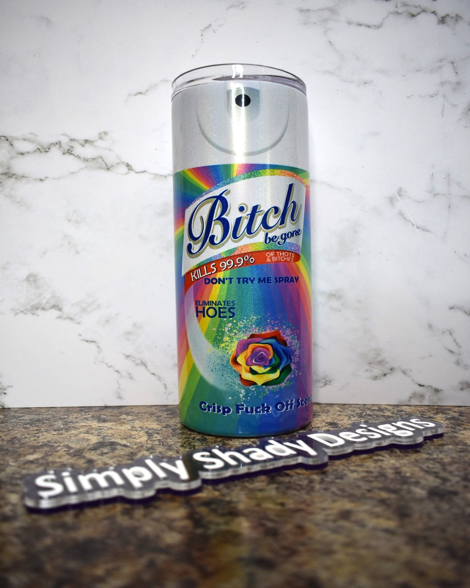The 20 oz Stainless Steel Tumbler is equipped with an Aerosol Can of Bitch Be Gone. Its double-wall vacuum insulation and classic sliding lid keeps beverages cold for up to 24 hours and warm for up to 8 hours, all BPA free.