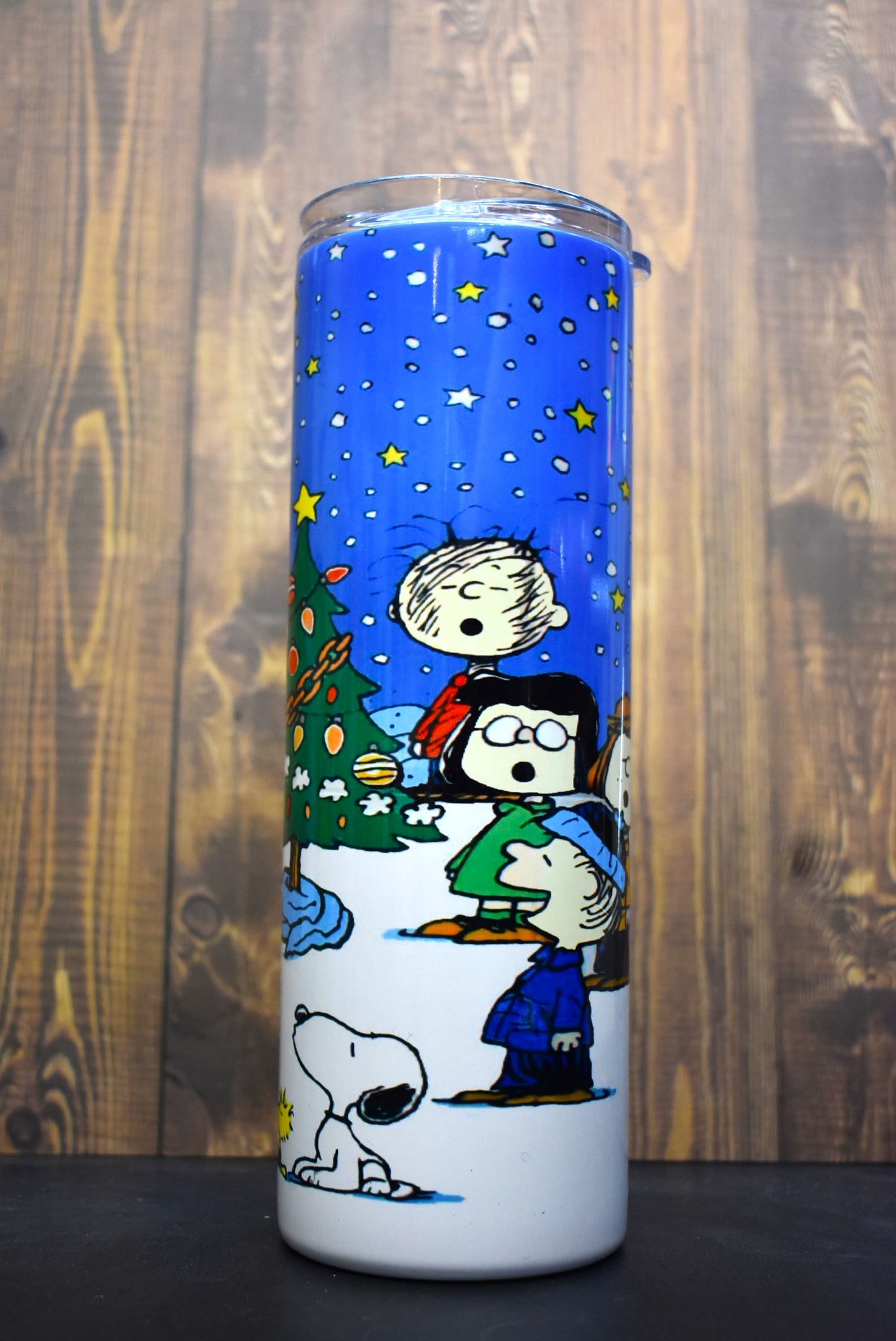 It's a Peanuts Christmas. The whole gang from Charlie Brown, Snoopy, Woodstock and more stand outside under the stars singing Christmas carols by the tree, 