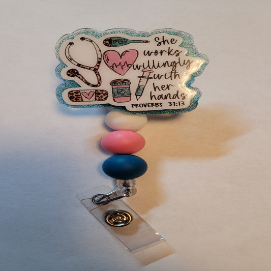 New to our Medical Field lineup is a tribute to all the women in any medical area. As quoted from Proverbs 31:13 "She Works Willingly With Her Hands". This badge reel fully embraces that with various tools of the trades on the front and a Light Blue/green glitter base and matching beads for a polished finish.