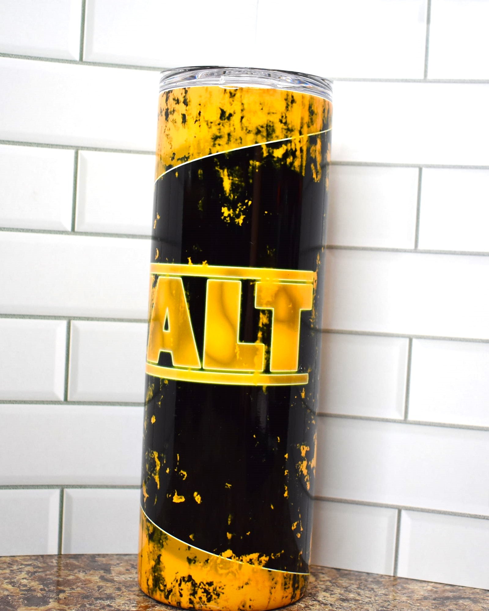 New to our line is our distressed finish look. Here we have a Dewalt Tool image in the classic black & yellow fully depicting this new look. Great for the mechanic or any handyman.