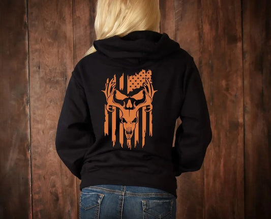 This T-Shirt features a deer buck skull, punisher skull eyes, and the American Flag printed on a 5.3 oz. pre-shrunk 100% cotton fabric, with a bright orange hue that stands out.
