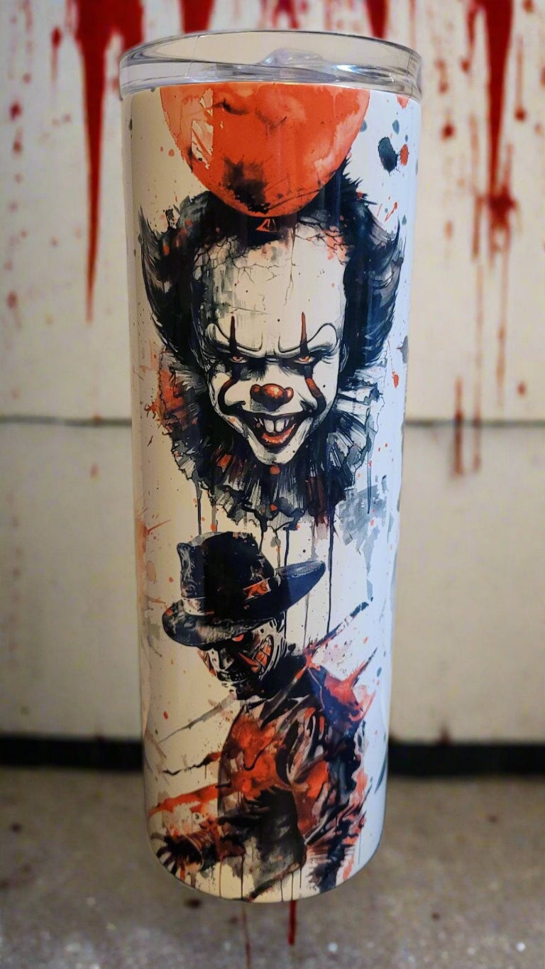 We like to call this one...Boys of Horror. Not 1, 2 but a 6 pack of the scariest horror movie characters out there. Freddie, Michael Myers and Pennywise, Chucky, Jason Michael and we can't for Ghostface. An all-star collage on this 20 oz tumbler. Made of a stainless steel double-wall material and has a vacuum insulated feature, with a clear sliding classic lid and a clear straw, and is BPA free. It is capable of retaining cold temperatures for 24+ hours or warm temperatures for up to 8 hours.