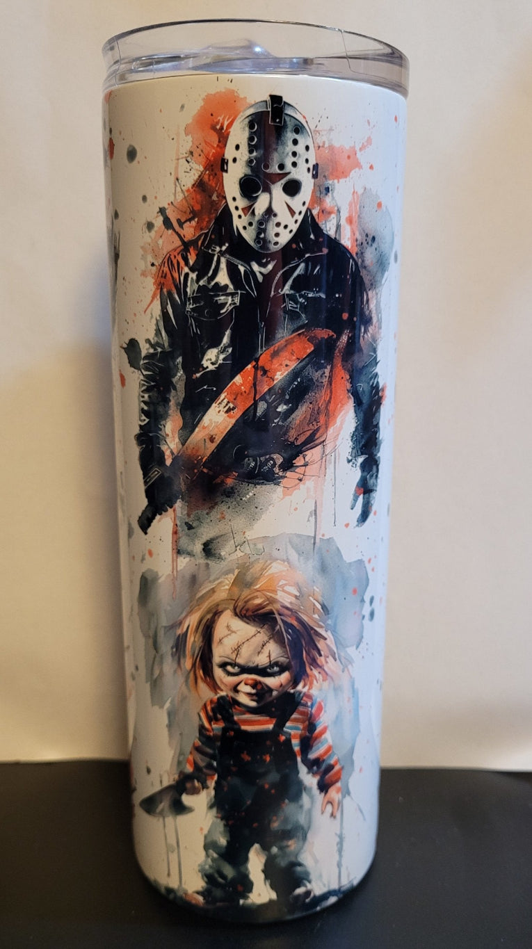 We like to call this one...Boys of Horror. Not 1, 2 but a 6 pack of the scariest horror movie characters out there. Freddie, Michael Myers and Pennywise, Chucky, Jason Michael and we can't for Ghostface. An all-star collage on this 20 oz tumbler. Made of a stainless steel double-wall material and has a vacuum insulated feature, with a clear sliding classic lid and a clear straw, and is BPA free. It is capable of retaining cold temperatures for 24+ hours or warm temperatures for up to 8 hours.