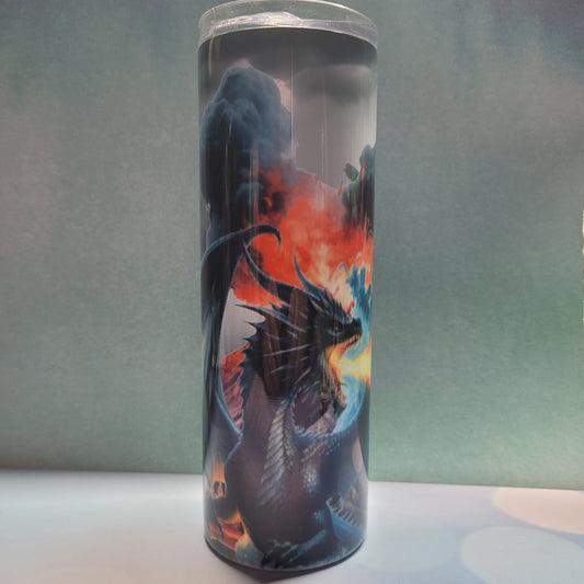 Introducing our latest addition The Dragon Series. Here Be Dragons. We call this one Storm Dragon. Thunder bolts and lightning very very frightening... not even close to this bad boy. The colors are stunning on this tumbler. This is made from stainless steel with a double-wall construction and is vacuum insulated, with a clear sliding classic lid and a clear straw, and is BPA free. It is capable of retaining cold temperatures for 24+ hours or warm temperatures for up to 8 hours.