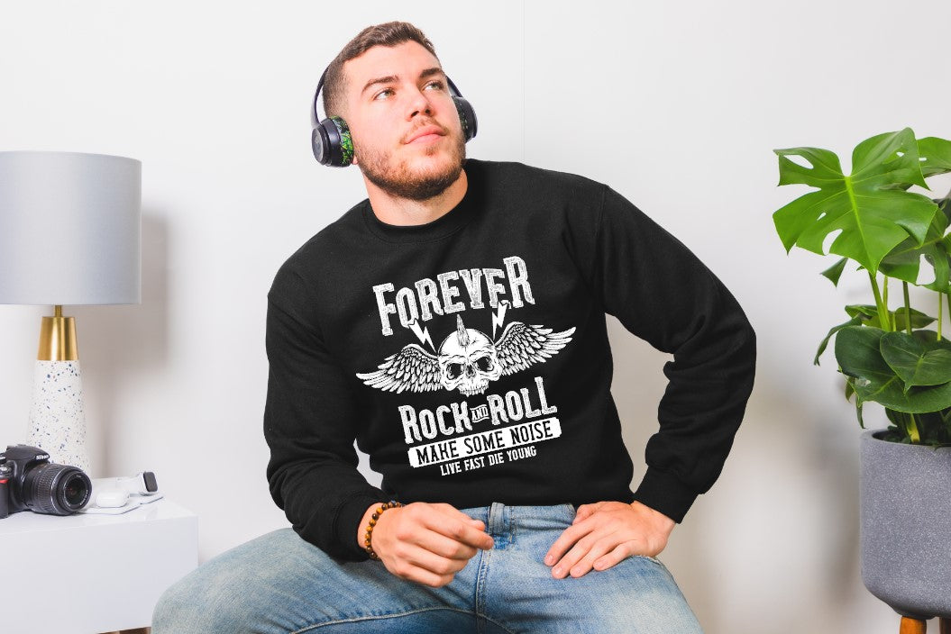 Forever Rock And Roll. For those rockers out there this one's for you. So let's Live Fast Die Young and MAKE SOME NOISE with this shirt which is printed on a 5.3 oz. pre-shrunk 100% cotton fabric from Gildan so you know its good.