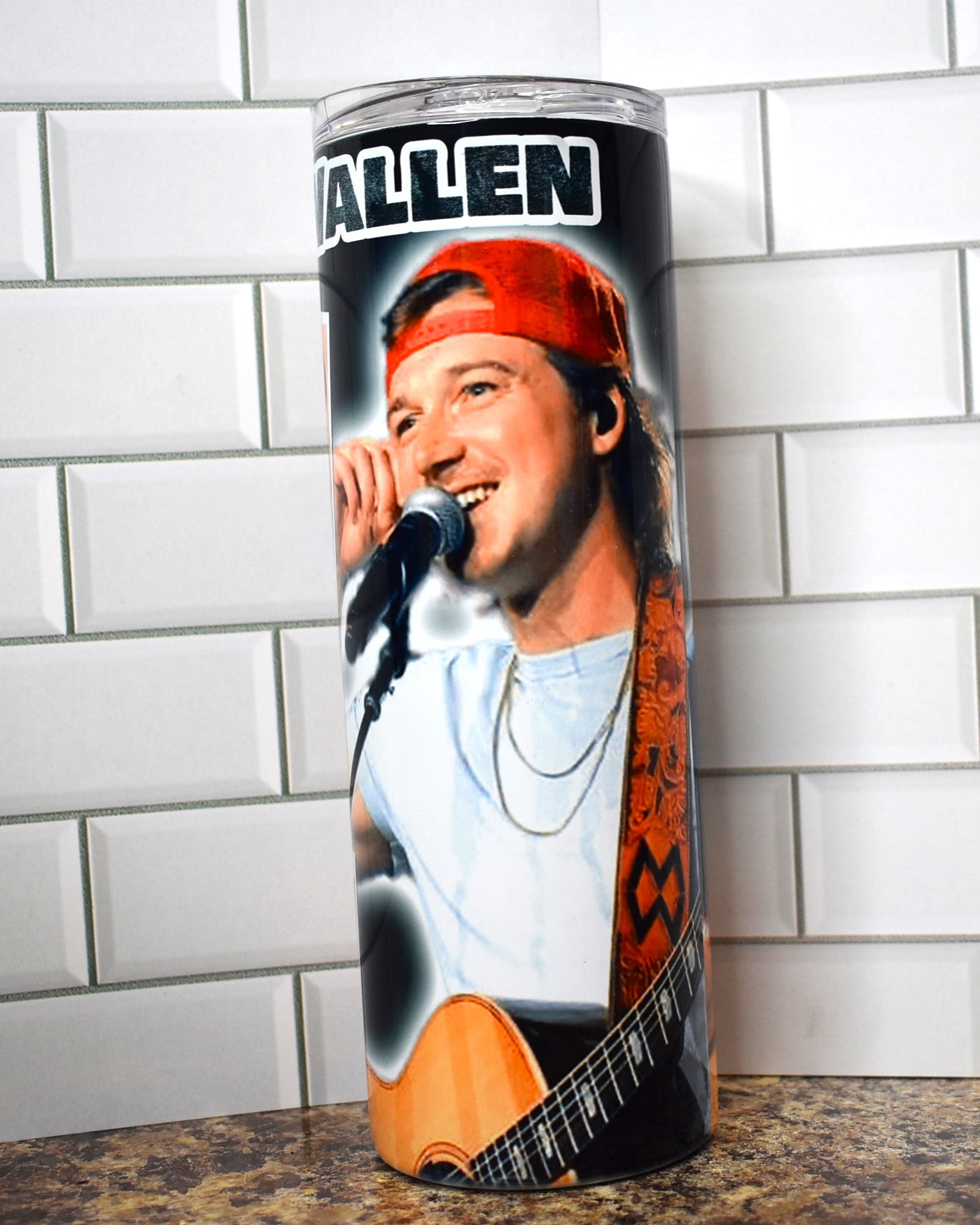 Morgan Wallen makes his appearance here on this Makerflo 20 oz tumbler. Various images from on and off the stage.