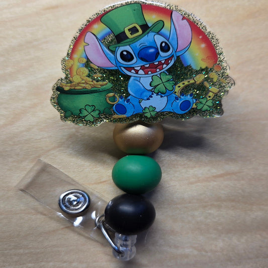 Stitch-themed badge holder with colorful design on a wooden surface