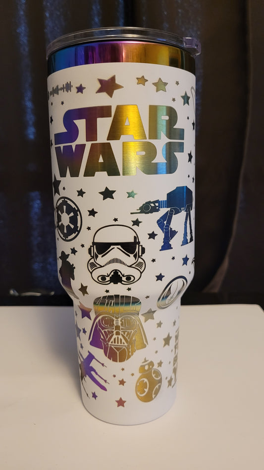 Star wars on a white 40 oz with gold plating.
