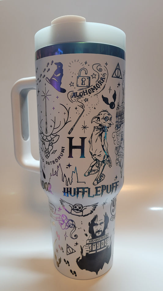 White tumbler with Hufflepuff-themed designs on a white background
