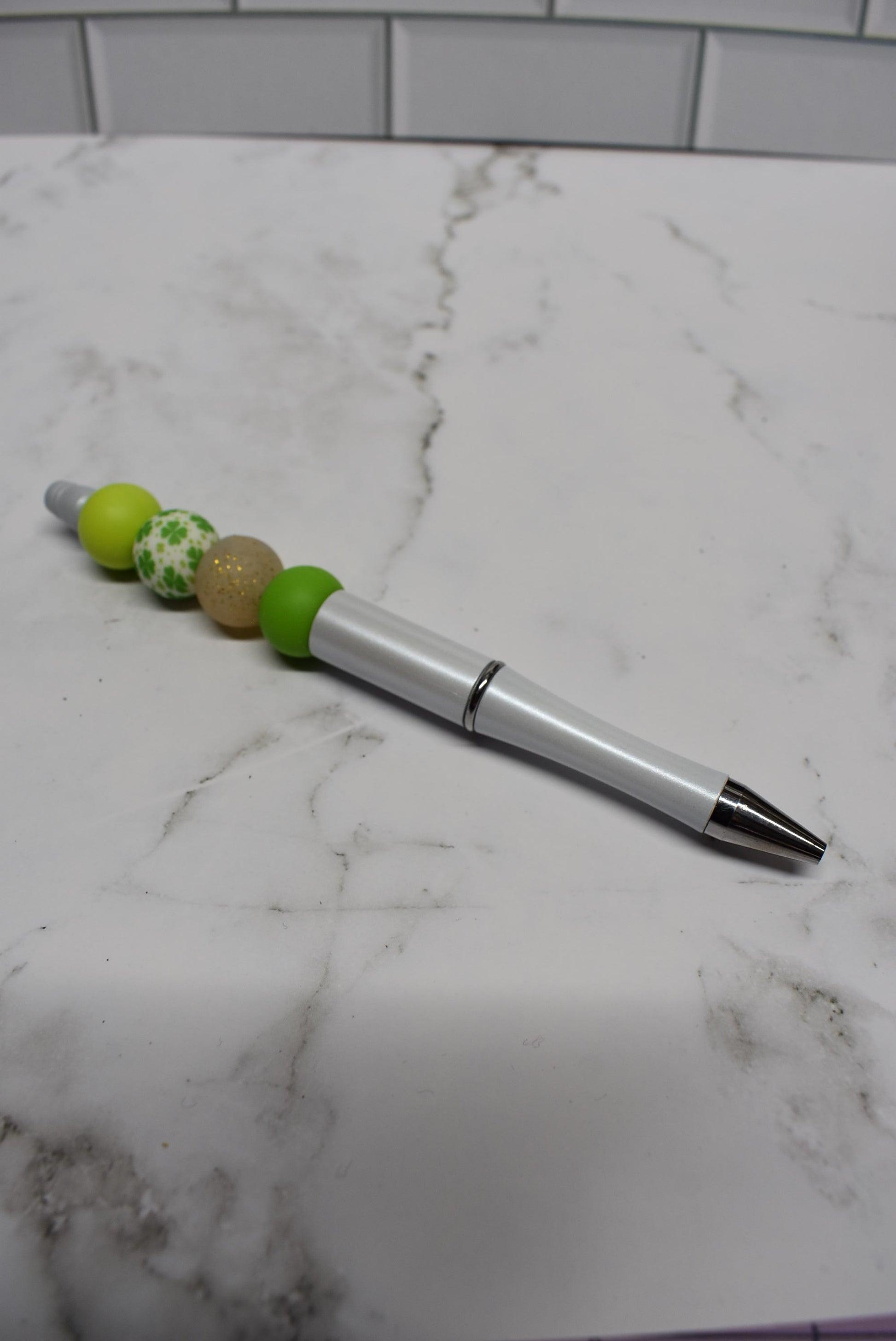Pen Silicone Beaded Shamrock Bead with white body black ink with extra refill