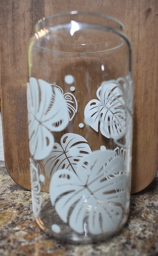 Hand painted glass tumbler with straw and lid