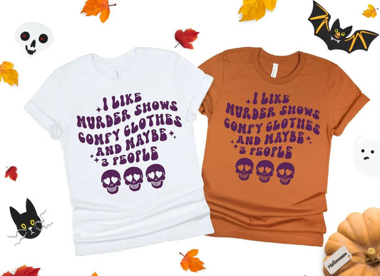 This I Like Murder Shows T-shirt features a bold screen-printed transfer of purple lettering on a 5.3 oz. 100% preshrunk cotton fabric.